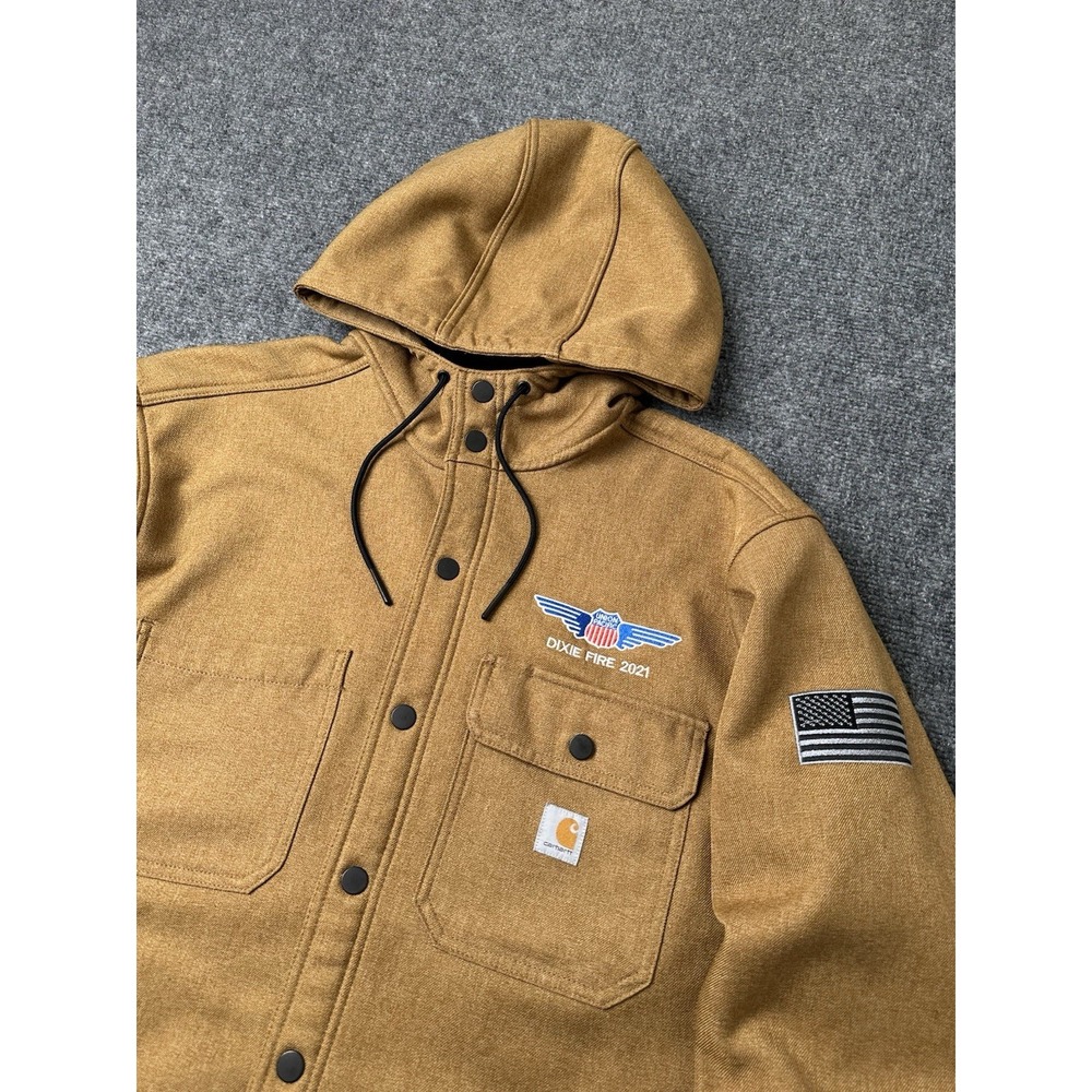 Mens Jacket Carhartt Brown Hooded Button Front Relaxed Fit, Size L - Picture 2 of 7